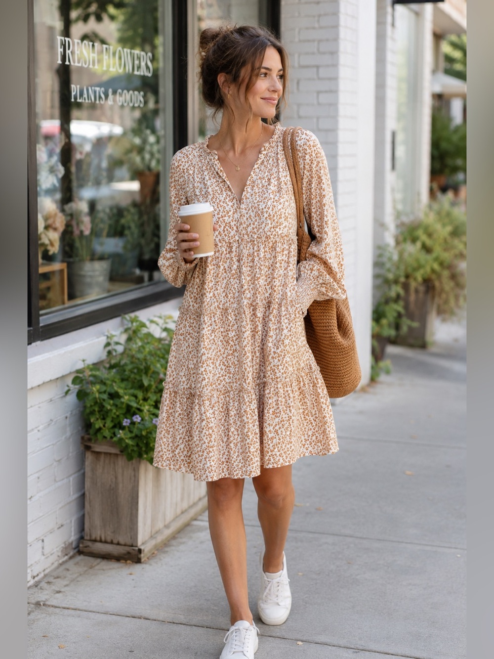 STORIA Tiered Babydoll Mini Dress Floral Medium Brown Cream Cottagecore Casual